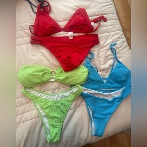 Three Piece Bikini Set - Red, Lime Green & Bright Blue